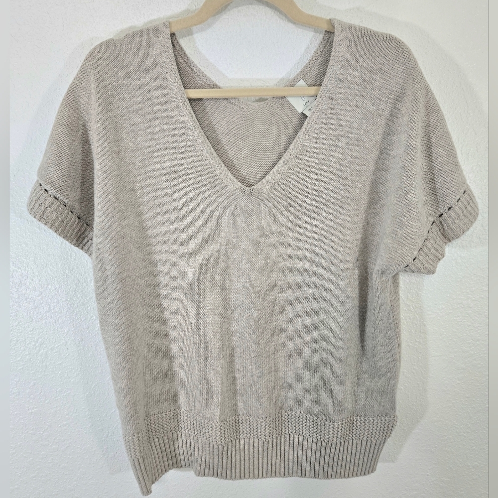Joie 100% Cotton Beige V-Neck Short Sleeve Knit Sweater Dolman Sleeves, size S